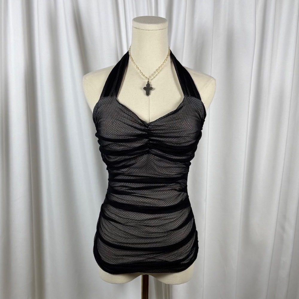 Black Mesh Ruched Halter Top Sweetheart Neckline Y2K Gothic Honeycomb Fishnet